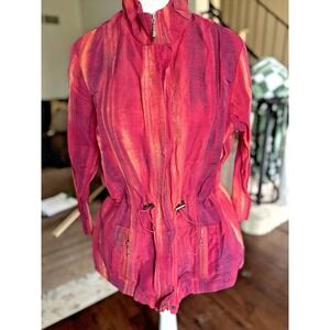 Chicos Top Womans L 3 Pink Swirl Print‎ Button Tab Sleeve Art to Wear Linen